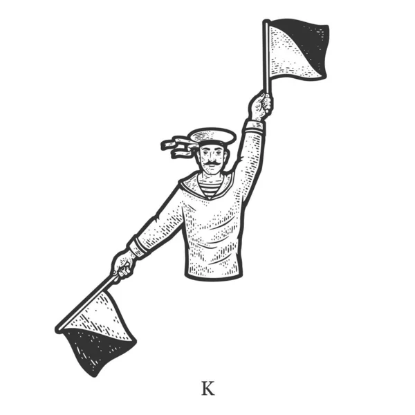 水手水手水手展示了国旗信号量字母K草图刻字矢量插图 T恤服装印花设计 刮板仿制 黑白手绘图像 — 图库矢量图片