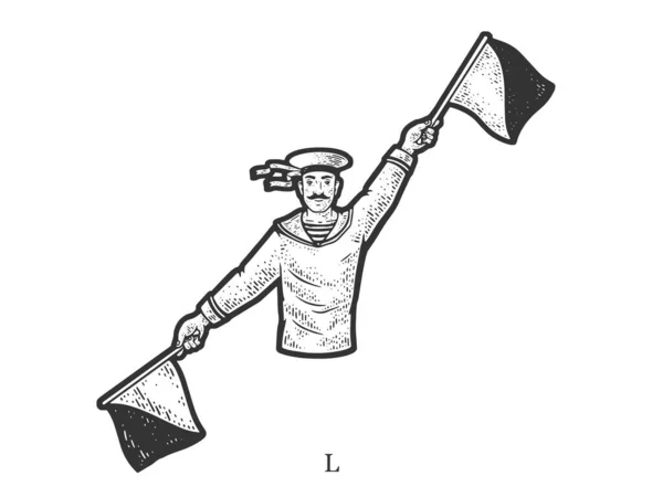 Sailor Mariner Show Flag Semaphore Alphabet Letter Sketch Engraving Vector — Vetor de Stock