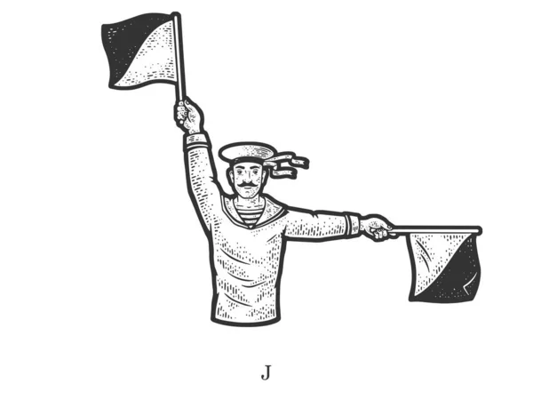 Sailor Mariner Show Flag Semaphore Alphabet Letter Sketch Engraving Vector — Stock vektor