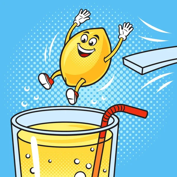 Cartoon Lemon Diving Glass Juice Pop Art Retro Vector Illustration — Stok Vektör