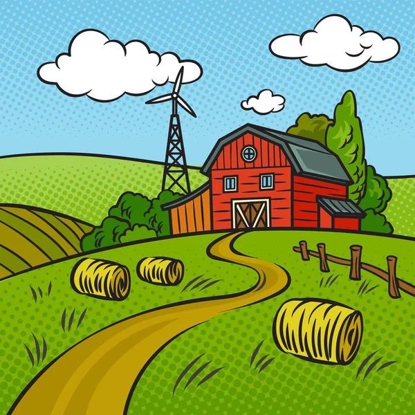 Αγρόκτημα Τοπίο Ποπ Τέχνη Ρετρό Διανυσματική Απεικόνιση Απομίμηση Στυλ Κόμικ — Διανυσματικό Αρχείο