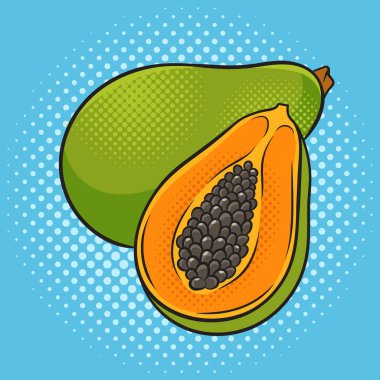 Papaya meyveli pop sanatı retro-raster çizimi. Çizgi roman tarzı taklit.