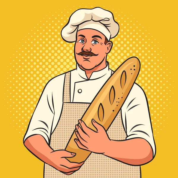Baker with baguette loaf of bread pop art retro raster illustration. Comic book style imitation.