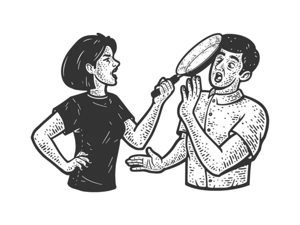 Family Quarrel Wife Hits Her Husband Head Frying Pan Sketch - Stok Vektor