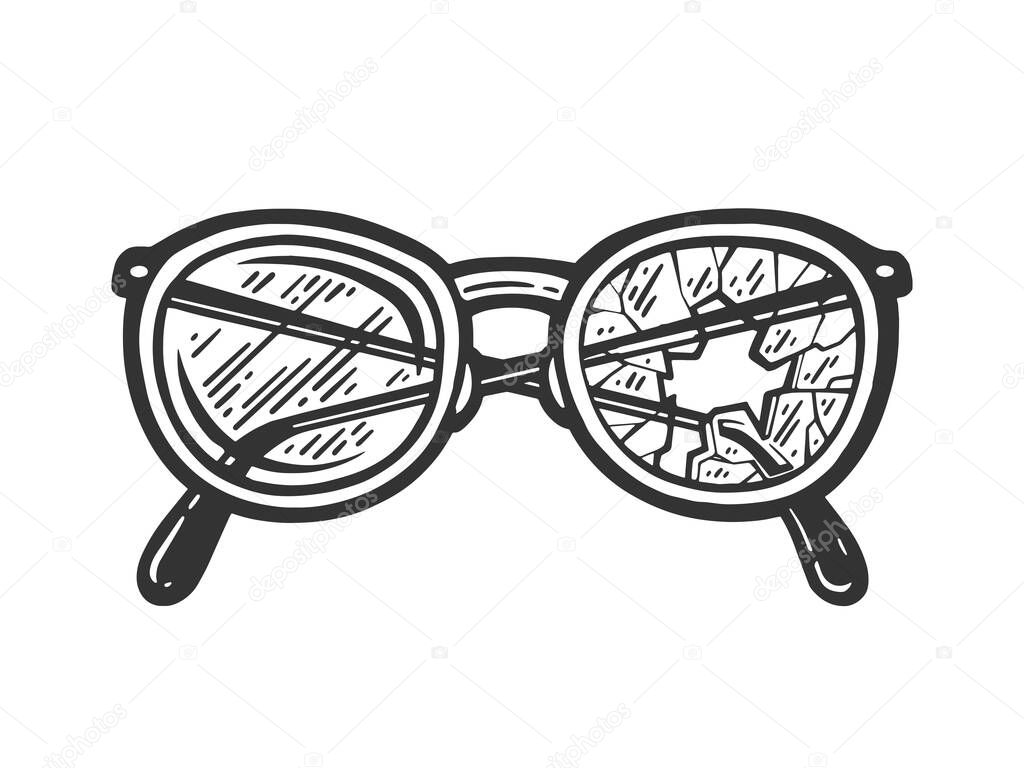 broken glasses sketch engraving vector illustration. T-shirt apparel print design. Scratch board imitation. Black and white hand drawn image.