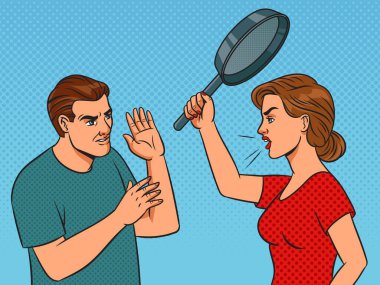 Family quarrel. Wife hits her husband on head with frying pan pop art retro vector illustration. Comic book style imitation.