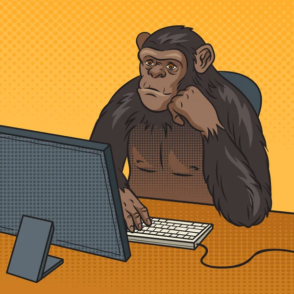 Monkey Chimp Sitting Computer Doing Monkey Business Pop Art Retro — Stockvector