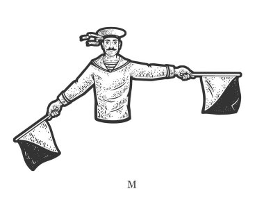 Sailor mariner show flag semaphore alphabet letter M sketch engraving raster illustration. T-shirt apparel print design. Scratch board imitation. Black and white hand drawn image.