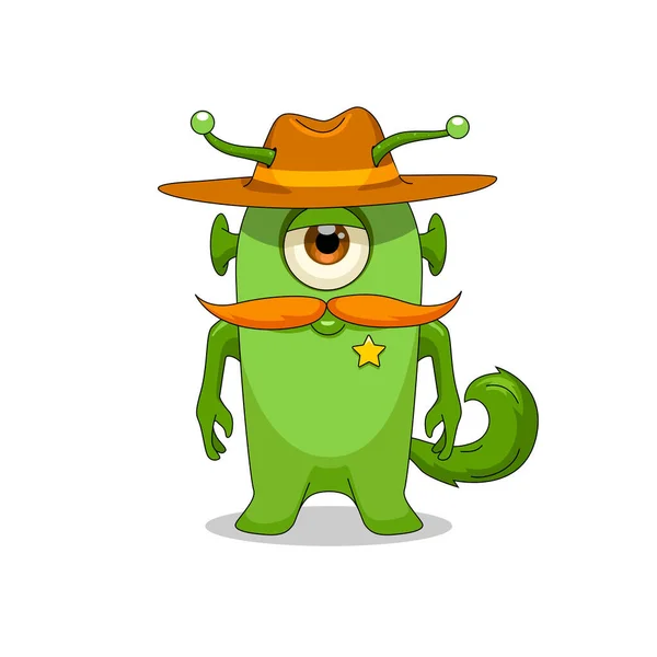 cartoon funny childish sheriff with star hat and tail alien raster illustration. Raster illustration