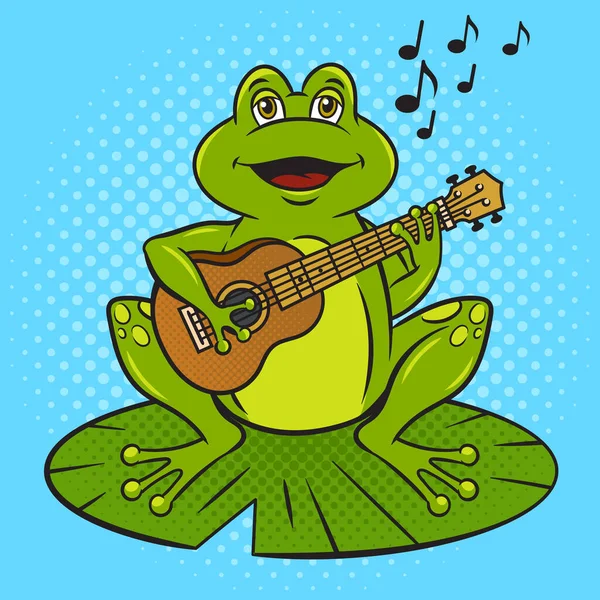 Cartoon Frog Plays Guitar Ukulele Sings Song Pop Art Retro — стоковый вектор