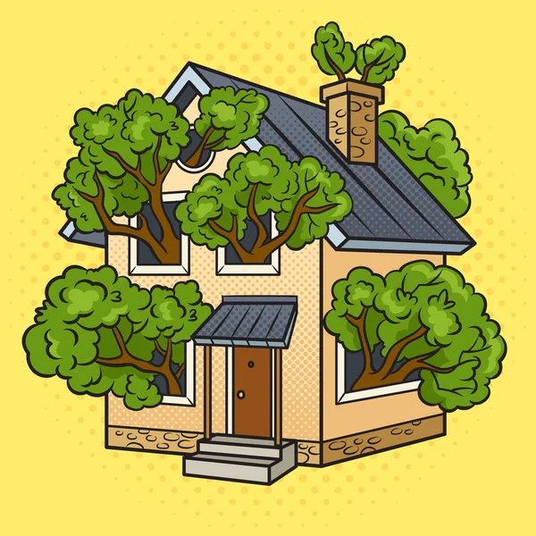 Tree Grows House Branches Windows Pop Art Retro Vector Illustration — стоковый вектор