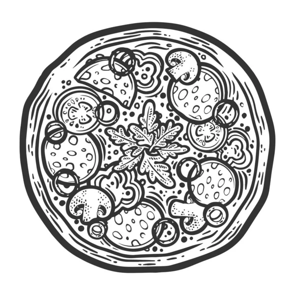 Pizza Pepperoni Sausage Sketch Engraving Vector Illustration Scratch Board Imitation — Vettoriale Stock
