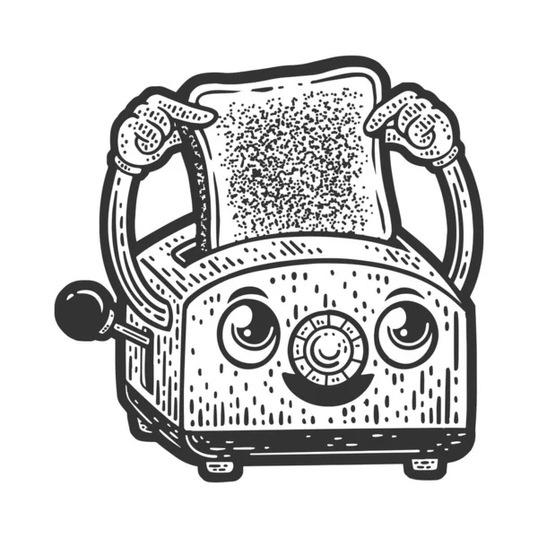 Cartoon Cute Toaster Inserts Bread Itself Sketch Engraving Vector Illustration — 图库矢量图片