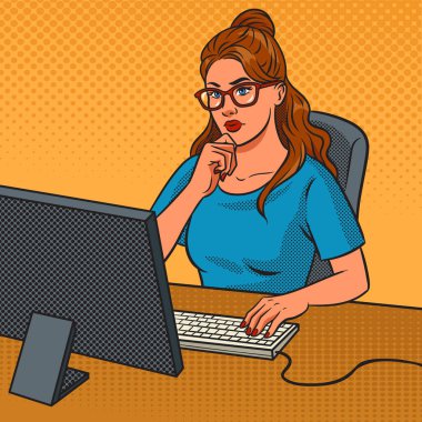 Software woman developer developer at work pop art retro vector illustration. Comic book style imitation.