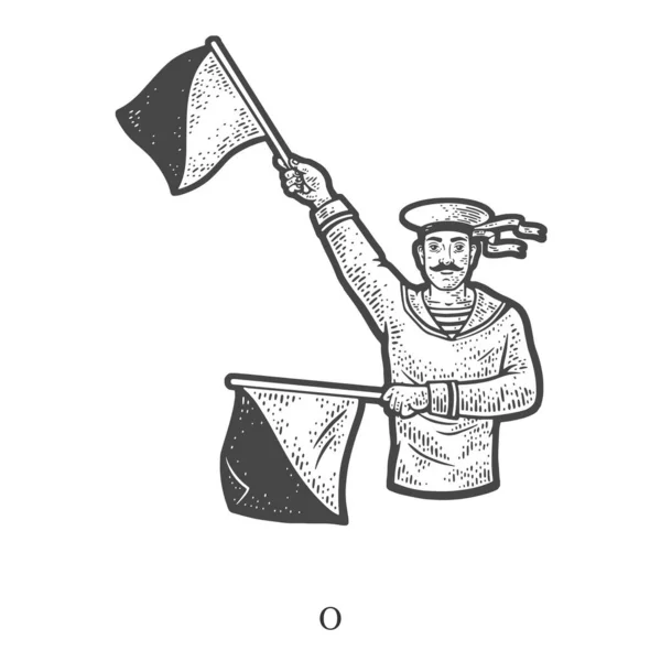 Sailor Mariner Show Flag Semaphore Alphabet Letter Sketch Engraving Vector — Stock vektor