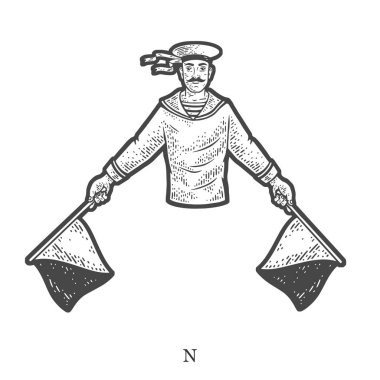 Sailor mariner show flag semaphore alphabet letter N sketch engraving raster illustration. T-shirt apparel print design. Scratch board imitation. Black and white hand drawn image.