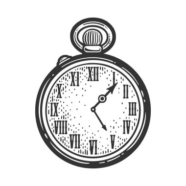 vintage pocket gold watch sketch engraving raster illustration. Scratch board imitation. Black and white hand drawn image.