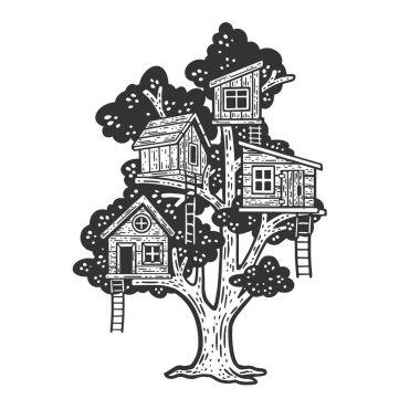 Wooden children tree houses on tree sketch engraving raster illustration. Scratch board imitation. Black and white hand drawn image.