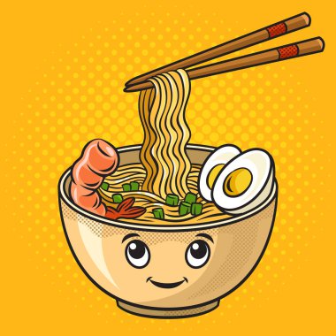 Cartoon ramen Japanese noodle dish pop art retro raster illustration. Comic book style imitation.