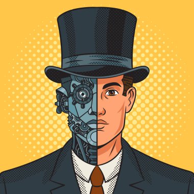 Gentleman half cyborg steampunk pop art retro raster illustration. Comic book style imitation.