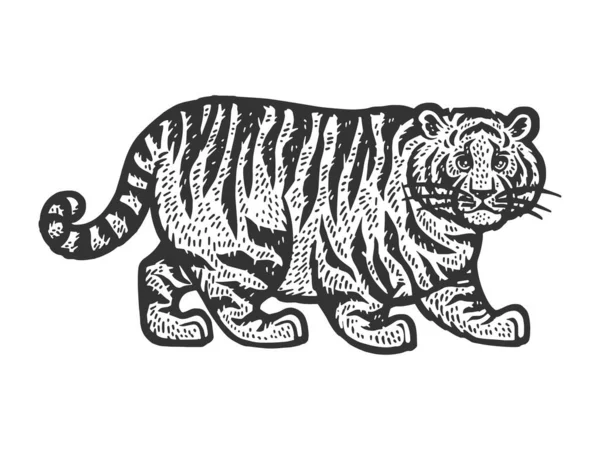 fat tiger sketch engraving raster illustration. Scratch board imitation. Black and white hand drawn image.