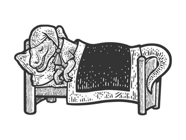 Cartoon dinosaur sleeping in bed sketch engraving raster illustration. Scratch board imitation. Black and white hand drawn image.