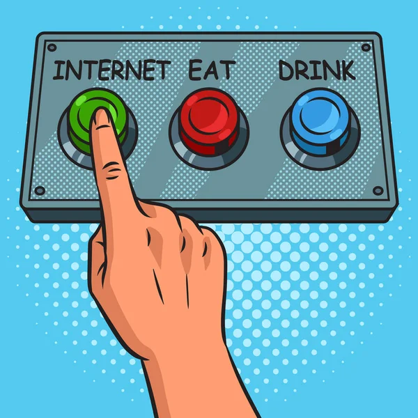 Human chooses internet food or drink to press button pop art retro raster illustration. Comic book style imitation.