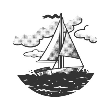 sailboat on the sea sketch halftone pattern vector illustration. Scratch board imitation. Black and white hand drawn image.