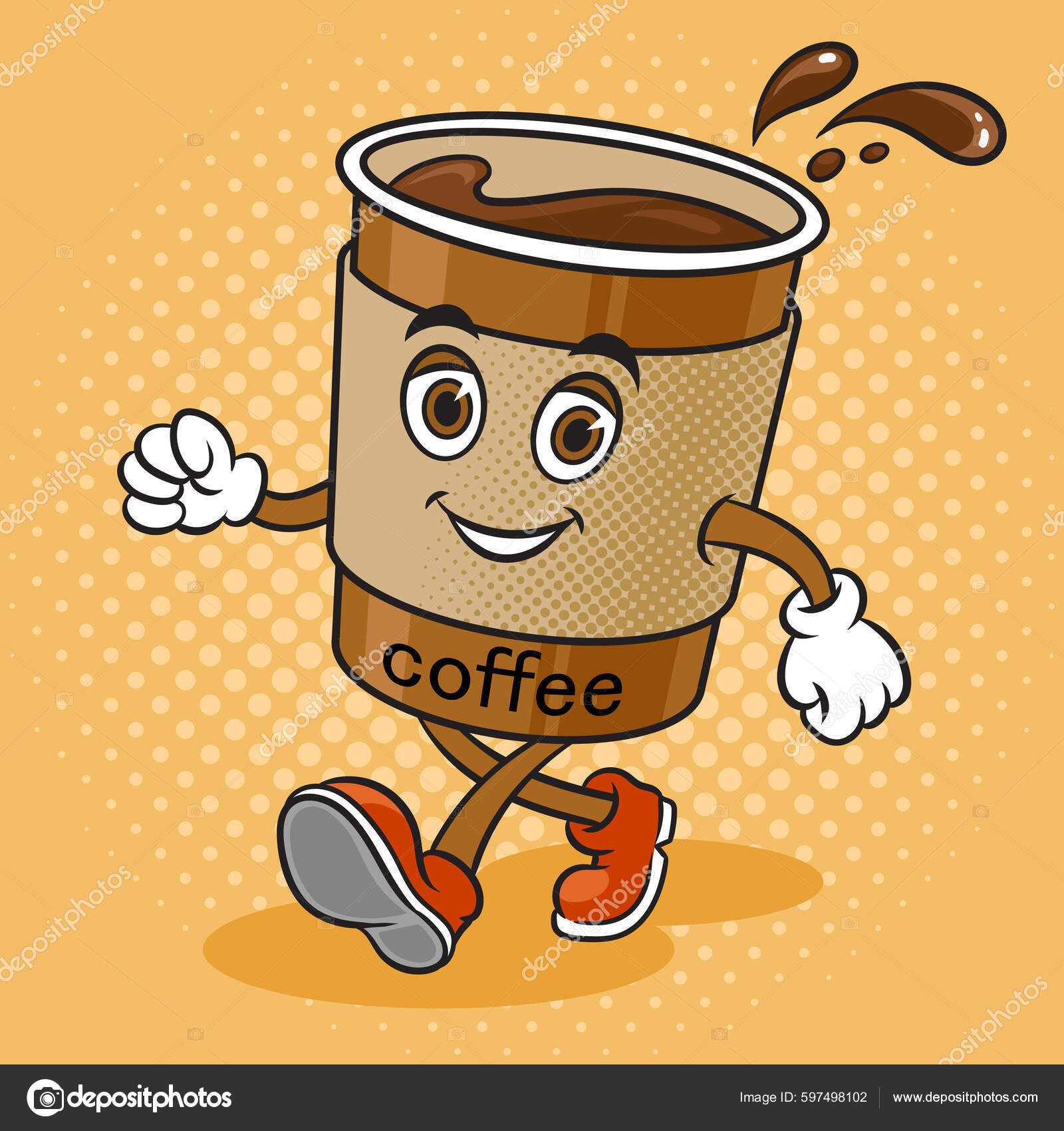 Cartoon Walking Coffee Cup Pop Art Retro Vector Illustration.