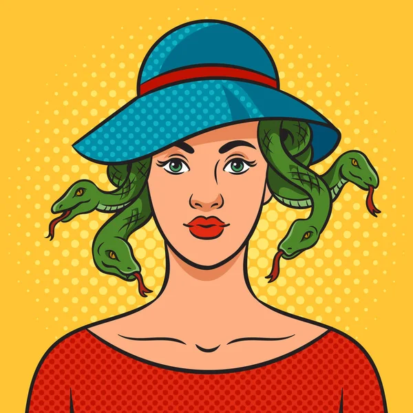 Young Beauty Woman Snakes Hat Medusa Gorgo Pop Art Retro — Stockvektor