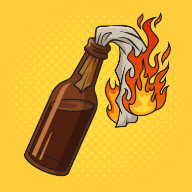 Lit burning fire molotov cocktail bomb pop art retro vector illustration. Comic book style imitation.