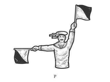 Sailor mariner show flag semaphore alphabet letter P sketch engraving raster illustration. T-shirt apparel print design. Scratch board imitation. Black and white hand drawn image.