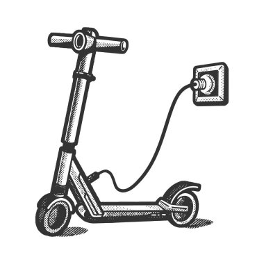 electric scooter is charging from the outlet sketch halftone pattern raster illustration. Scratch board imitation. Black and white hand drawn image.