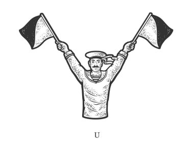 Sailor mariner show flag semaphore alphabet letter U sketch engraving vector illustration. T-shirt apparel print design. Scratch board imitation. Black and white hand drawn image.