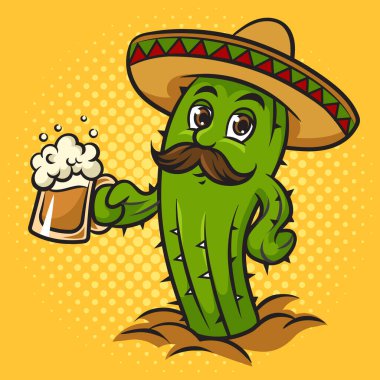 Cartoon cactus in mexican sombrero with beer pop art retro raster illustration. Comic book style imitation.