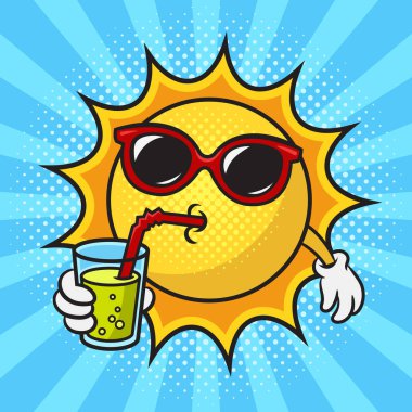 cartoon sun in sunglasses drinking cool drink cocktail pop art retro raster illustration. Comic book style imitation.