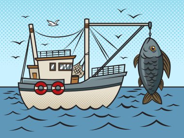 Fishing boat with huge fish pop art retro raster illustration. Comic book style imitation.