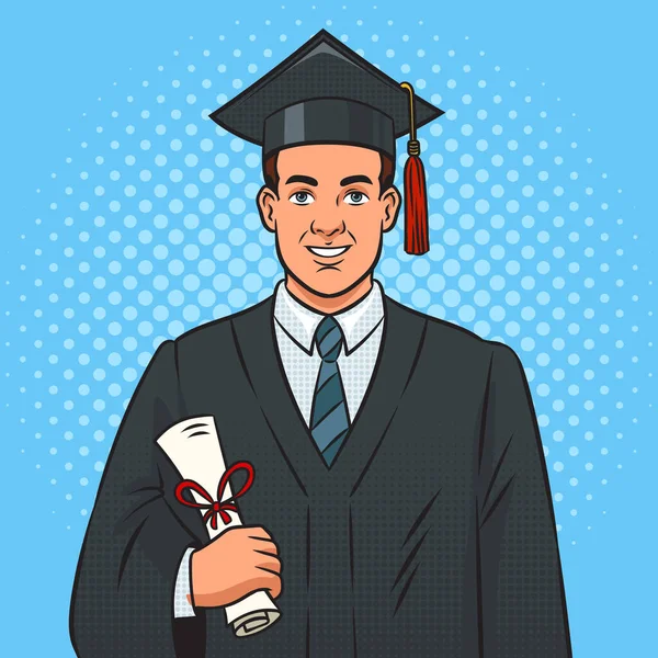 student graduated with student hat and diploma pop art retro raster illustration. Comic book style imitation.