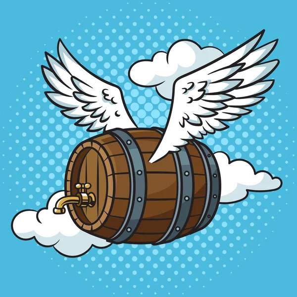 Flying Beer Wooden Barrel Wings Pop Art Retro Vector Illustration — Stock vektor