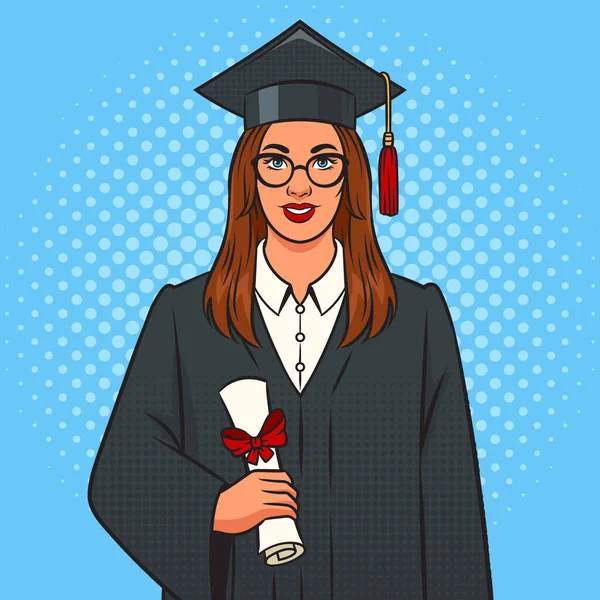 Φοιτήτρια Γυναίκα Αποφοίτησε Φοιτητικό Καπέλο Και Δίπλωμα Pop Art Ρετρό — Διανυσματικό Αρχείο