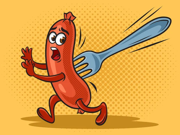 Fork Stuck Running Cartoon Sausage Art Retro Vector Illustration Comic — Stock Vector
