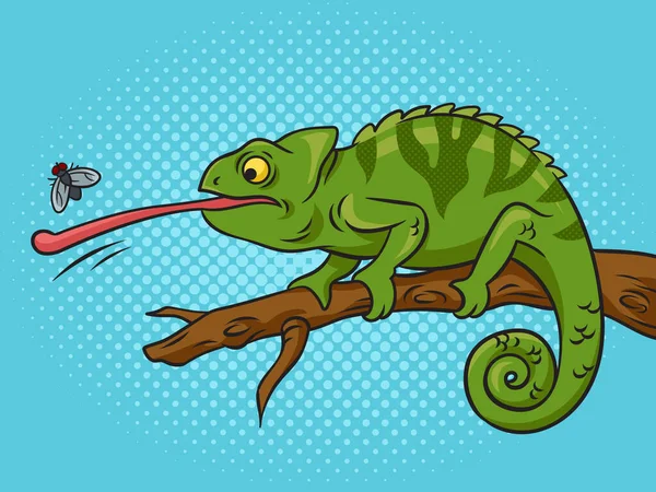 Chameleon Catches Fly Its Tongue Pop Art Retro Vector Illustration — Vettoriale Stock