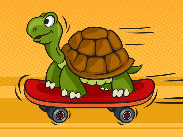 Cartoon Turtle Rides Skateboard Pop Art Retro Vector Illustration Comic — Stockvektor