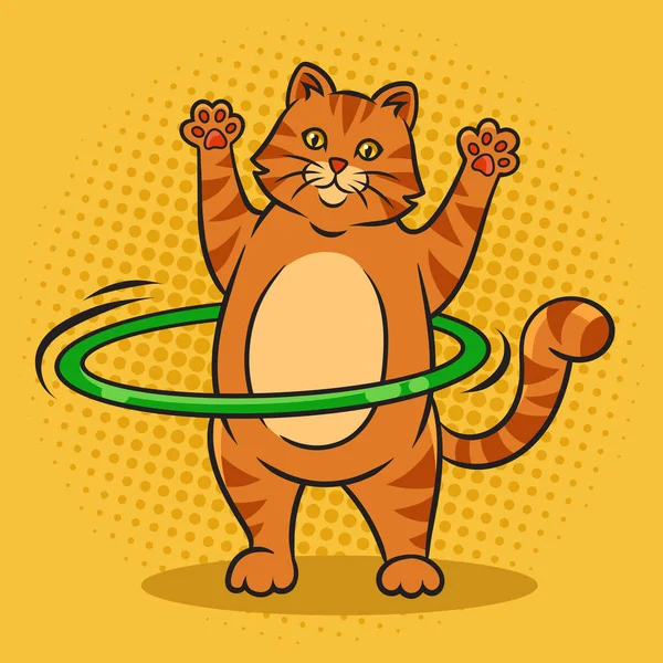Cat Spins Hula Hoop Workout Pop Art Retro Vector Illustration — Vector de stock