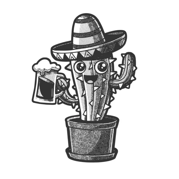 Cartoon Cactus Mexican Sombrero Beer Sketch Engraving Vector Illustration Scratch — Stock vektor