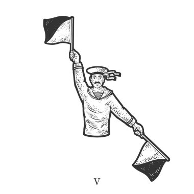 Sailor mariner show flag semaphore alphabet letter V sketch engraving vector illustration. T-shirt apparel print design. Scratch board imitation. Black and white hand drawn image.