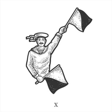 Sailor mariner show flag semaphore alphabet letter X sketch engraving vector illustration. T-shirt apparel print design. Scratch board imitation. Black and white hand drawn image.