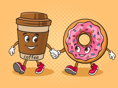coffee and donut friends walking together pop art retro raster illustration. Comic book style imitation.