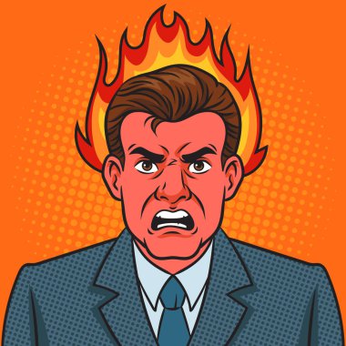 angry aggressive frustrated man businessman with his head on fire pop art retro raster illustration. Comic book style imitation.