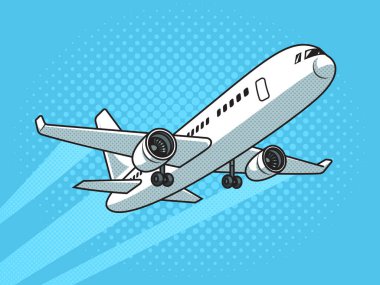 taking off passenger plane pop art retro vector illustration. Comic book style imitation.